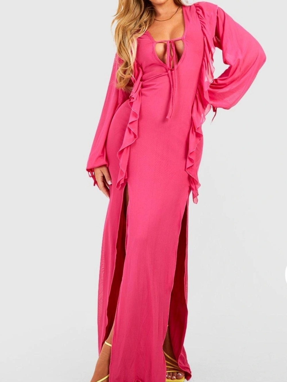 Hot Pink Ruffle Tie-Front Maxi Dress